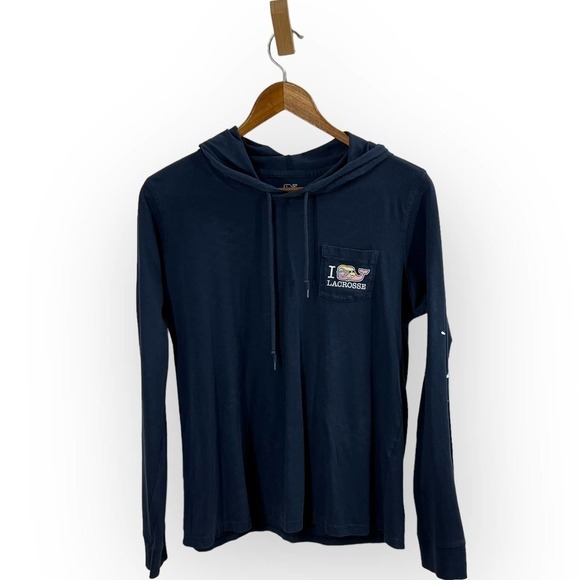 Vineyard Vines Lacrosse Whale Hoodie T Shirt Long Sleeve Navy Medium - Picture 3 of 7